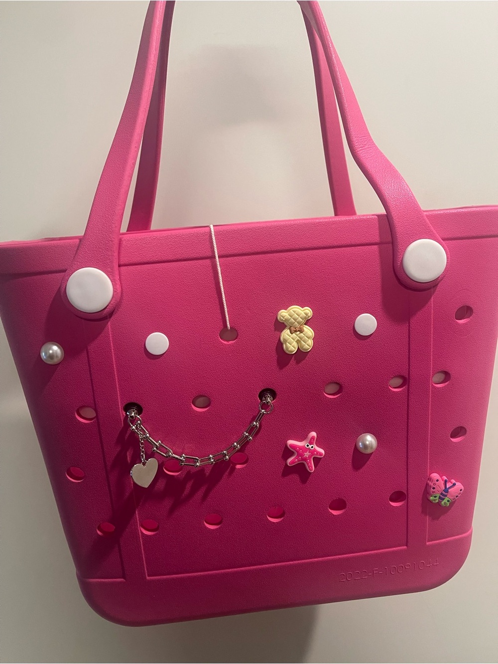 Tote beach bag with croc charms